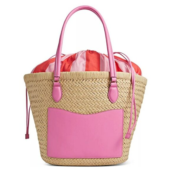 On 34th Isabellaa Women's Straw Medium Drawstring Tote Pink Stripe (MSRP $130) - Picture 1 of 8